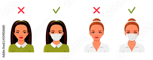 Asian and European women in medical face masks. Coronavirus prophylactic poster. Female avatars set. Vector illustration