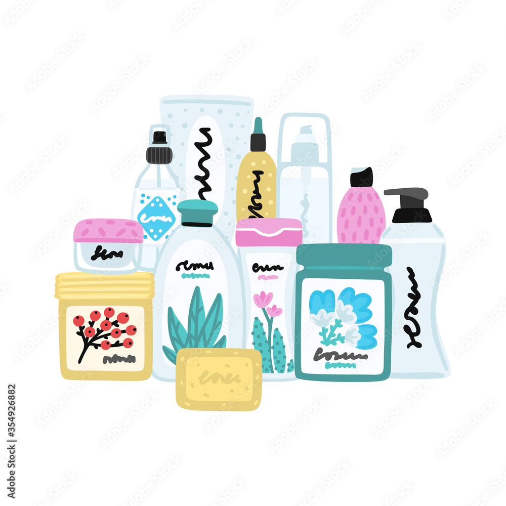 Vector cosmetic products. Natural cosmetics. Beauty care. Flat hand drawn elements is for advertising banner, post on social network, flyer, label, broshure, poster, website design for cosmetic store