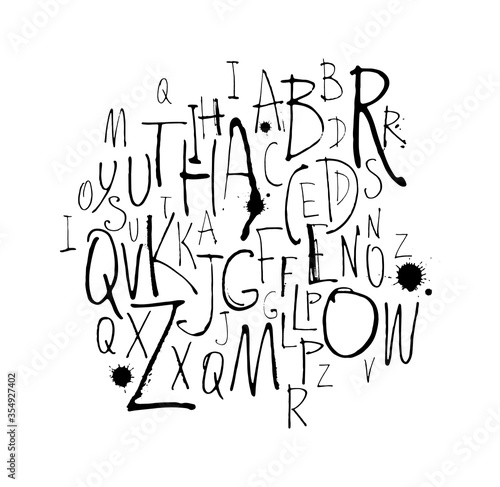 Handwritten calligraphy and lettering alphabet. Black and white