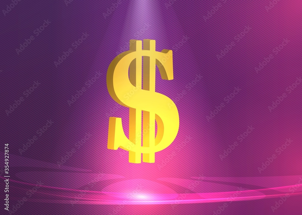 Dollar sign, background ​​glowing lights, modern poster lines violet and purple blank