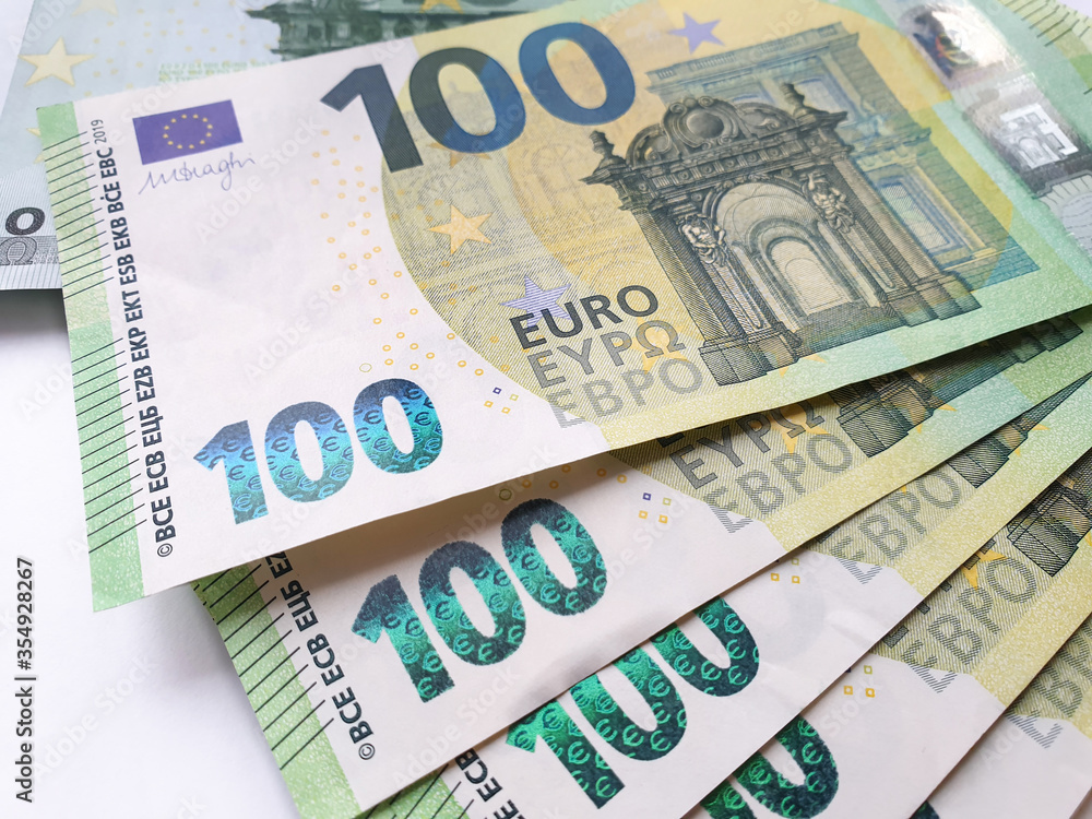 Fan paper money, banknotes of 100 euros. On white background