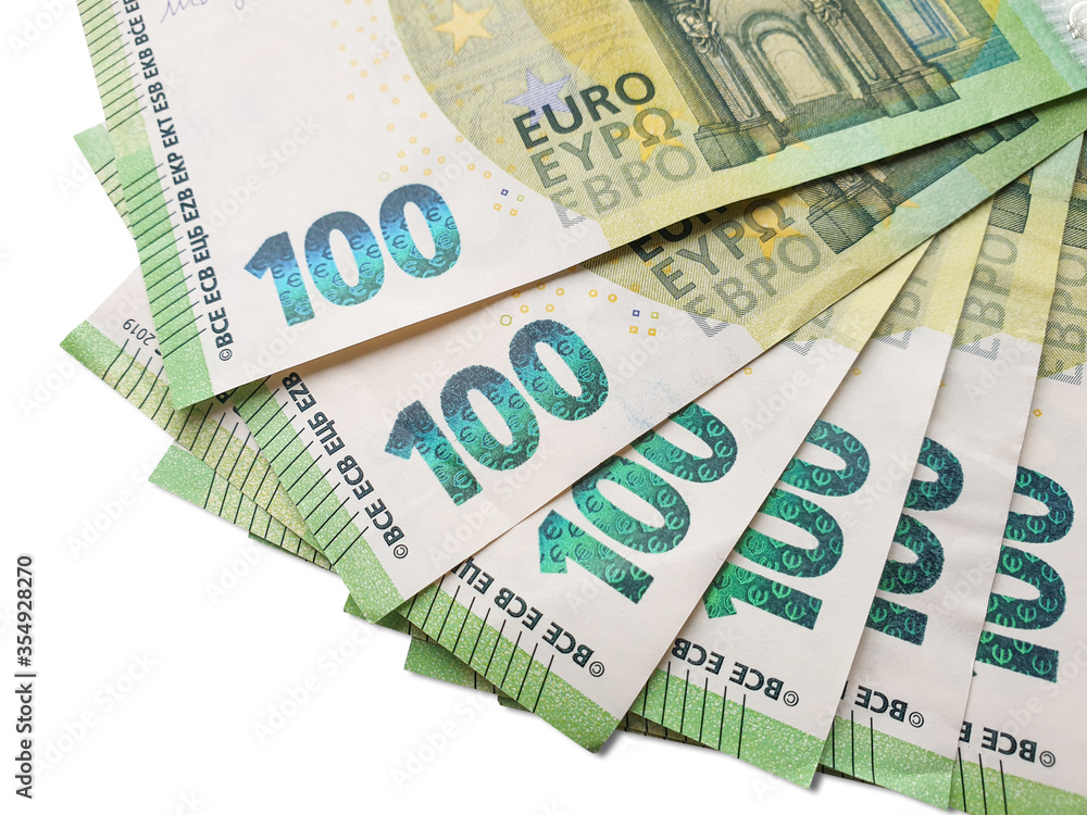 Fan paper money, banknotes of 100 euros. Isolated on white background Fan paper money, banknotes of 100 euros. Isolated on white background