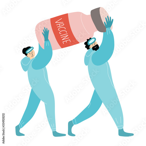 Virologist  scientists carry a bottle of vaccine. They have finished developing the drug and are happy. Vector illustration isolated on white background