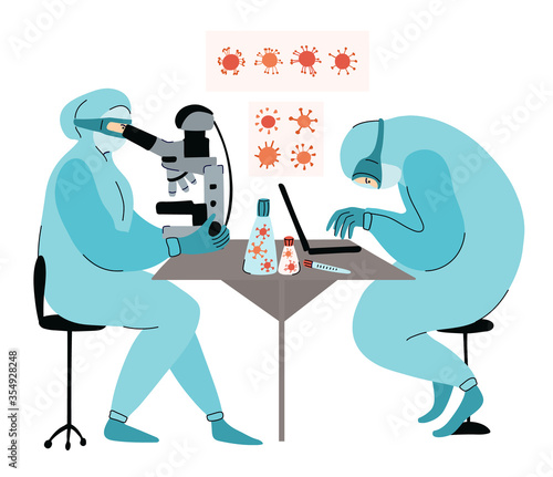 Virologist scientists study viruses to protect people health. Laboratory with research equipment for 
vaccine development. Vector illustration isolated on white background.