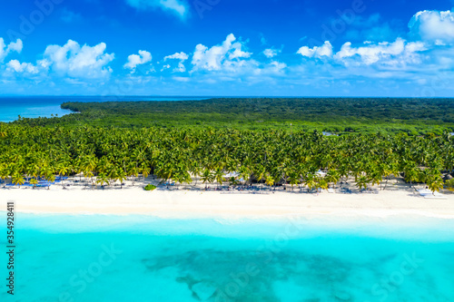 Fototapeta Naklejka Na Ścianę i Meble -  Aerial drone view of beautiful caribbean tropical island beach with palms. Saona, Dominican Republic. Vacation background.