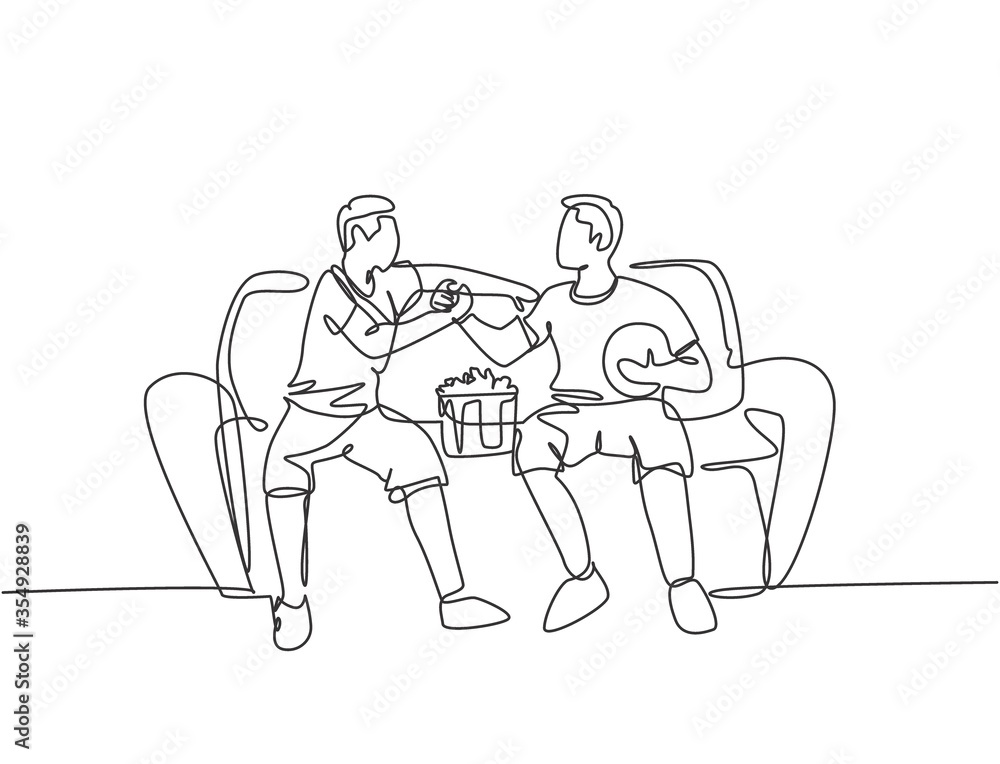 Obraz premium Continuous line drawing of two young men soccer fans club handshaking and sitting on a couch to watch football match. Dynamic single line drawing vector graphic illustration