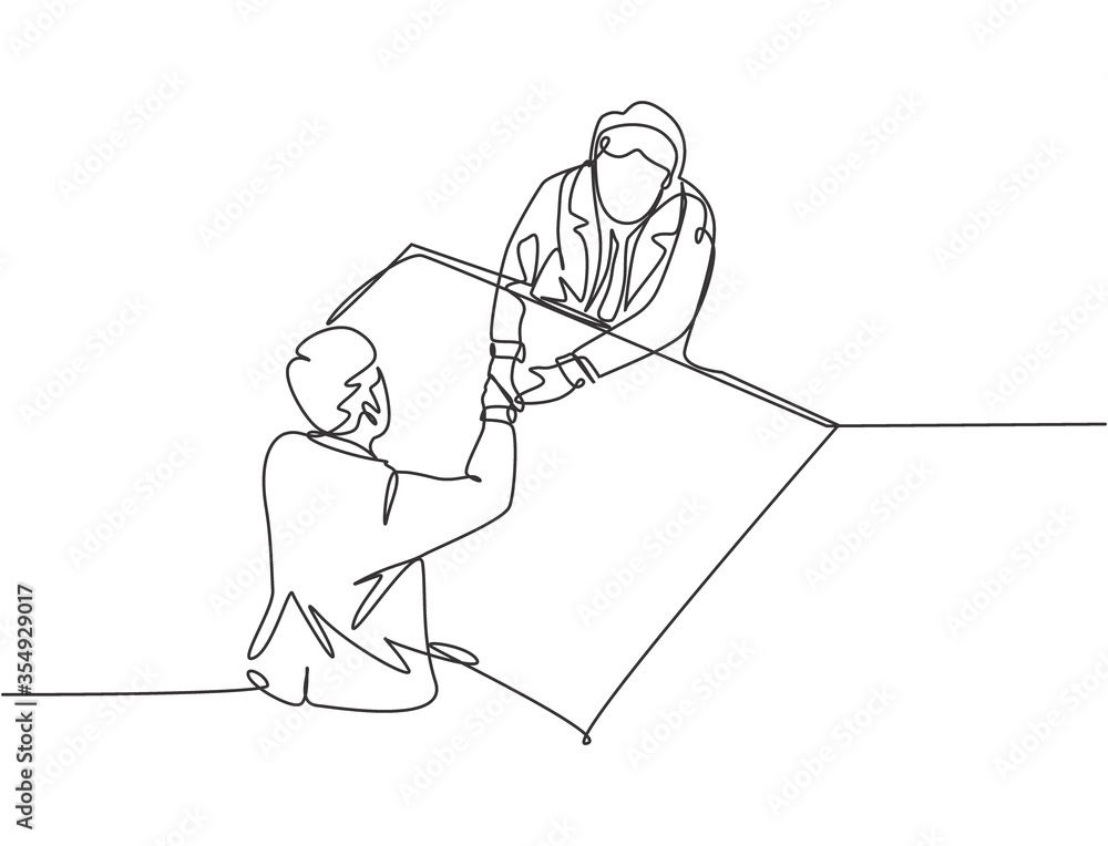 Single line drawing of businessmen handshaking his business partner after getting big project. Great teamwork. Business deal concept with trendy continuous line draw style vector graphic illustration