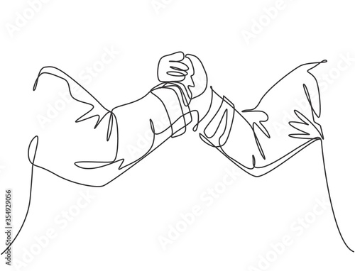Single line drawing of businessmen handshaking his business partner. Great teamwork. Business deal concept with modern continuous line draw style graphic vector illustration
