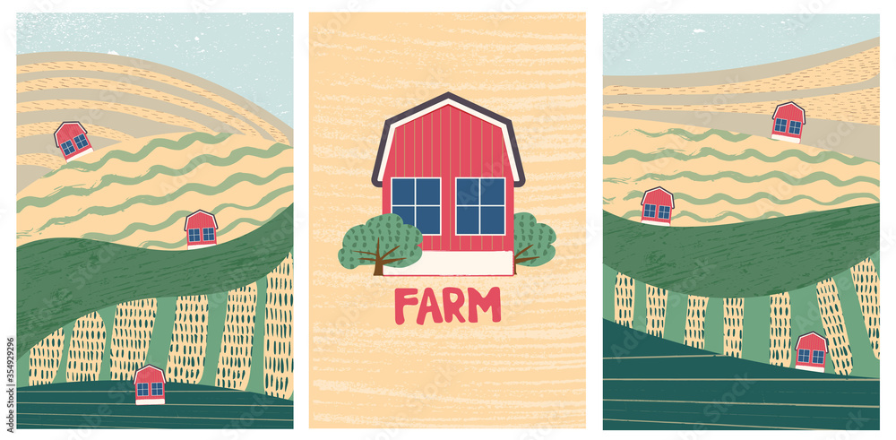 Φωτογραφία Set vector illustration, farm and beautiful summer fields landscape with a dawn, green hills,  blue sky country background in flat cartoon style banner