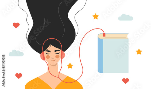 Beautiful young girl in headphones listening to audio book. Audiobook concept. Woman listening to books online, enjoying literature, learning. Audio bookworm. Flat vector illustration