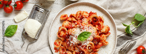 South italian  pasta orecchiette with tomato sauce and cacioricotta cheese