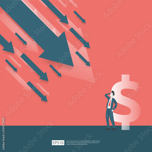 business finance crisis concept. money fall down symbol. arrow decrease economy stretching rising drop. lost crisis bankrupt declining. cost reduction. loss of income. vector illustration.