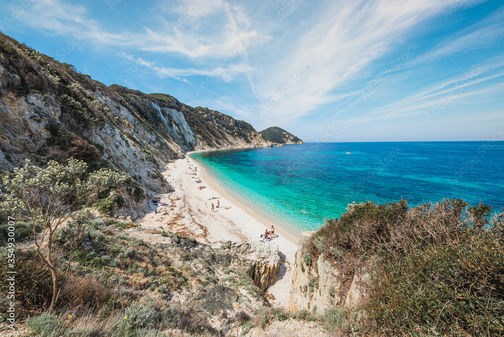 Italy, Elba island panoramic view of beautiful bay with emerald water and idyllic beach, Tuscany, Italy.