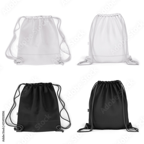 Black and white backpack bag. Front view. 3d realistic mockup. Template for logo, branding. Illustration isolated on a white background.