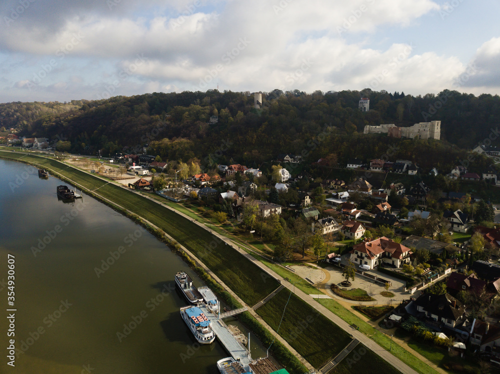 Aerila view to Kazimierz Dolny city at Vistula river and castle, Poland