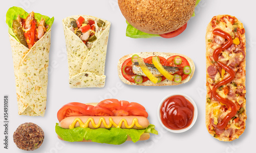 Fast food items on a white background