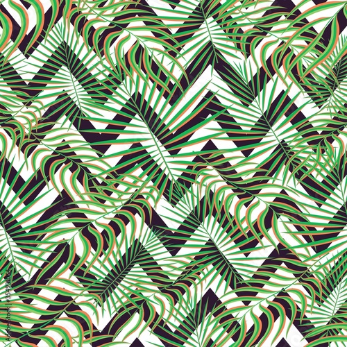 Tropics seamless pattern background. Modern exotic tropical leaves,backdrop pattern with seamless zigzag lines. Summer colorful trendy natural print for decoration fabric, fashion textile. Vector art.