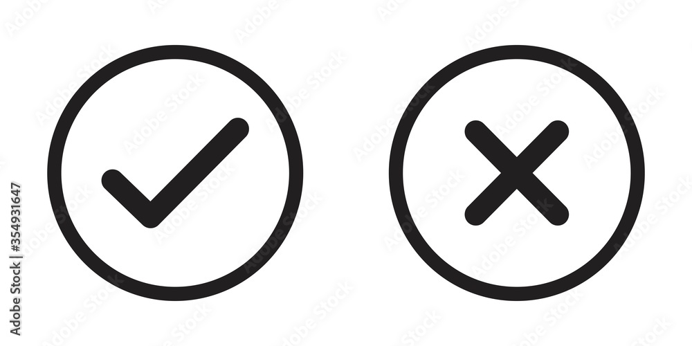 Check mark and cross icon isolated on white background.