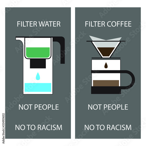 Poster on the topic of tolerance in society. Elements are isolated and can be edited. Filter coffee/water not people. black lives matter. no to racism. no to sextism. 