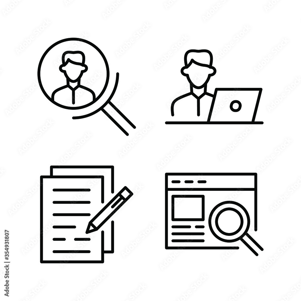 Human resources vector outline icon set. Studying, working pictogram. Document, web site, employee and person research. Editable stroke Human resources vector outline icon set. Studying, working pictogram. Document, web site, employee and person research. Editable stroke