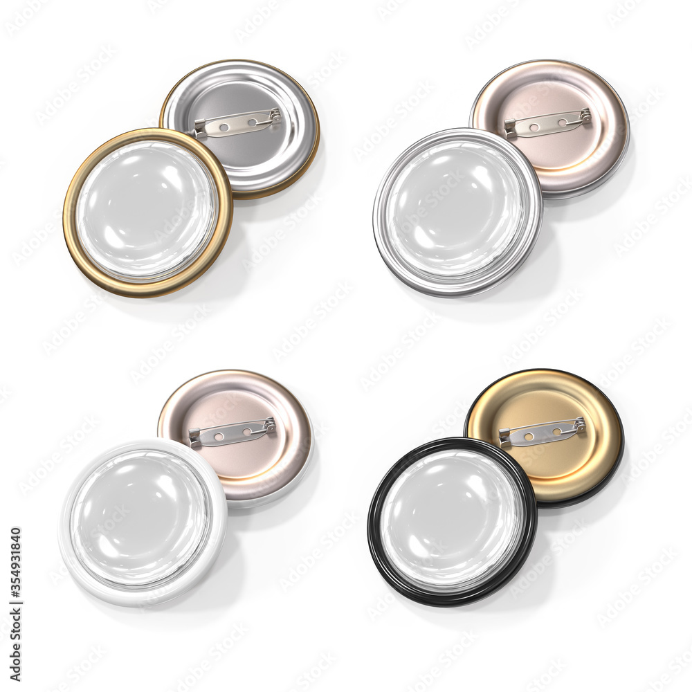 Brooch, badge, round glass cabochon on a pin. Mockup, template of clean empty pin brooch or button. Set of white, black, gold, silver color. 3d illustration isolated on a white background. Brooch, badge, round glass cabochon on a pin. Mockup, template of clean empty pin brooch or button. Set of white, black, gold, silver color. 3d illustration isolated on a white background.
