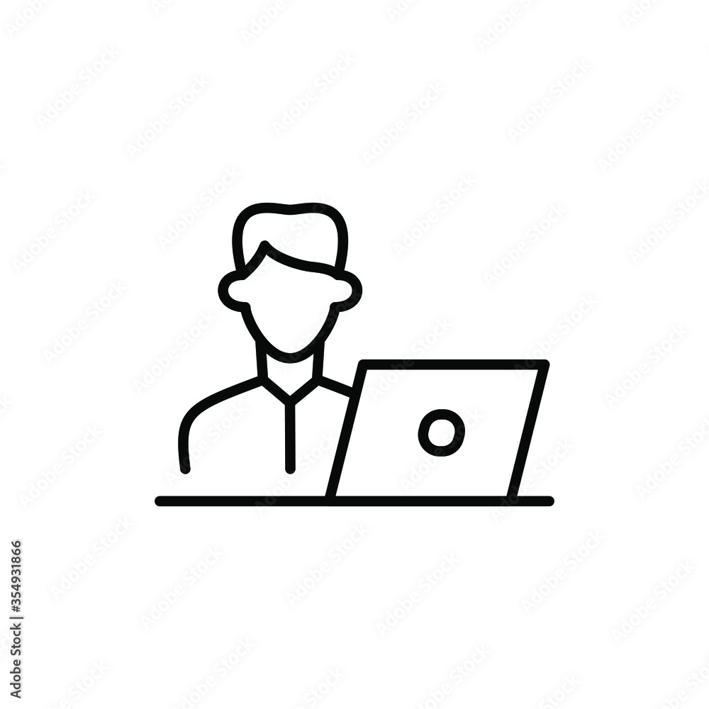 Man working with laptop outline icon. Man at work, studying, office worker. Editable stroke