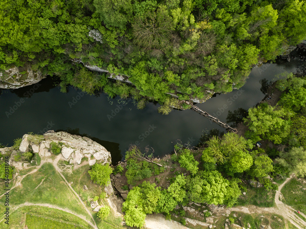 Aerial view to granite Buky Canyon on the Hirskyi Takich river in Ukraine Aerial view to granite Buky Canyon on the Hirskyi Takich river in Ukraine