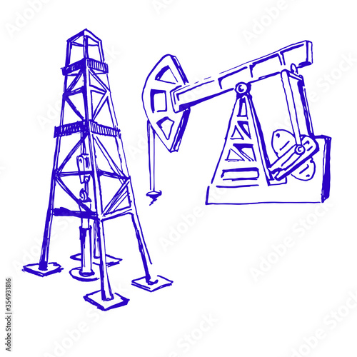 blue ink sketches of derrick and pump jack. oil industry. hand drawn flourish drawing