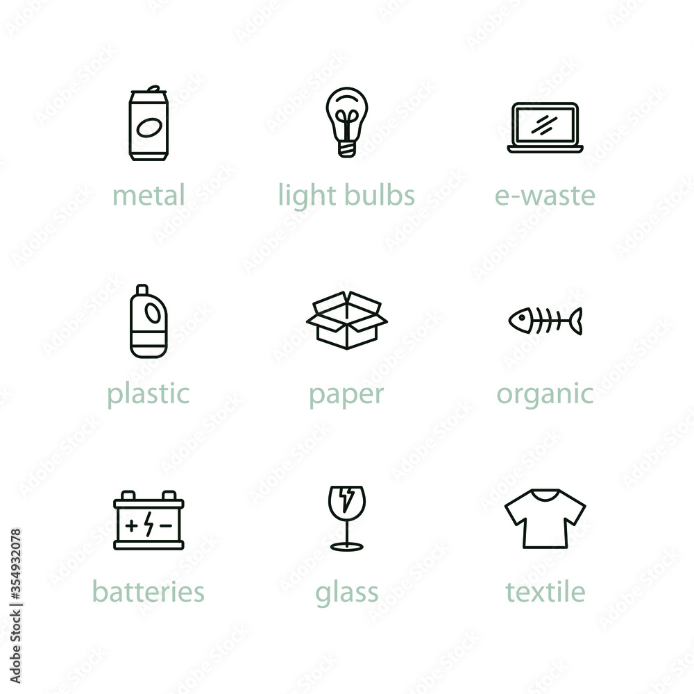 Sorting garbage outline icon set. Recycling, sorting waste. Thin line vector pictogram with editable stroke.
