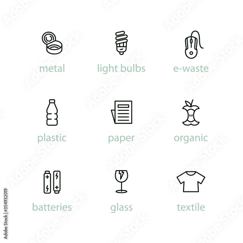 Sorting garbage outline icon set. Recycling, sorting waste. Thin line vector pictogram with editable stroke.