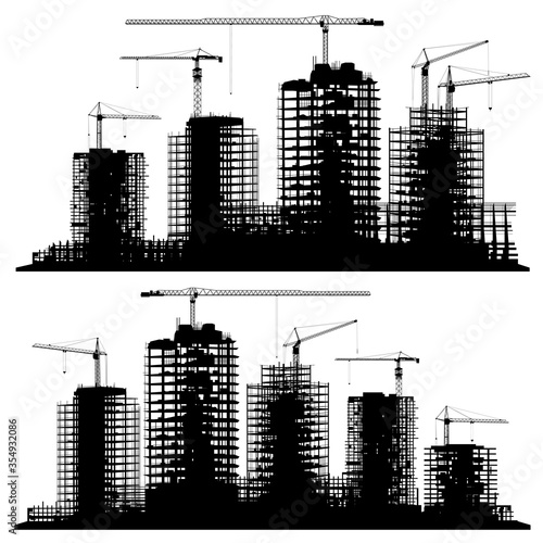 Set of silhouettes illustration of a construction site with cranes and skyscrapers.