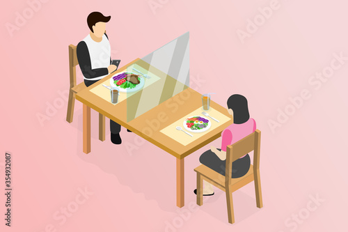 Isometric new normal after COVID-19 pandemic in restaurant, street food or canteen social distancing concept,  eating food with Plexiglas guards or Shield on table to combat COVID-19.
