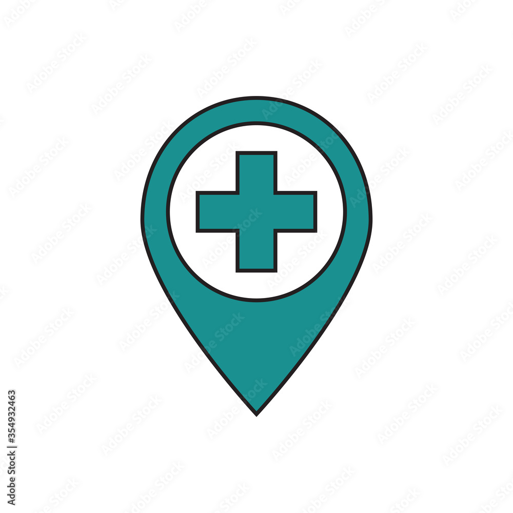 Location icon. Signpost sign of pharmacy, hospital, medical care navigation symbol. Vector illustration isolated. Location icon. Signpost sign of pharmacy, hospital, medical care navigation symbol. Vector illustration isolated.