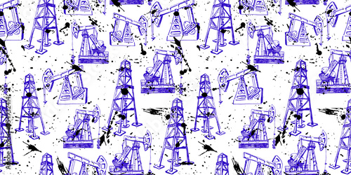 seamless of derrick and pump jack. oil industry. hand drawn flourish ink sketches.