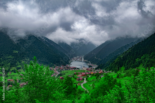 Uzungol lake view (Long lake) top view of the mountains and lake in Trabzon. Popular summer destination for tourists. 