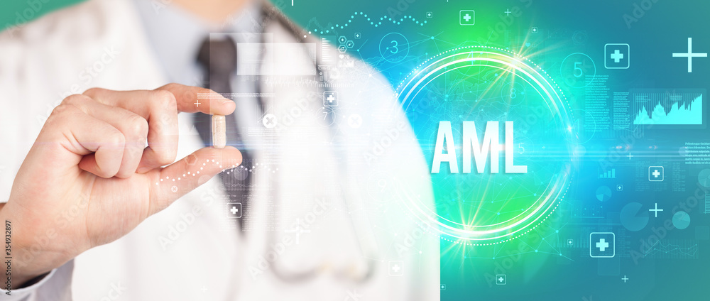 Close-up of a doctor giving you a pill with AML abbreviation, virology concept Close-up of a doctor giving you a pill with AML abbreviation, virology concept