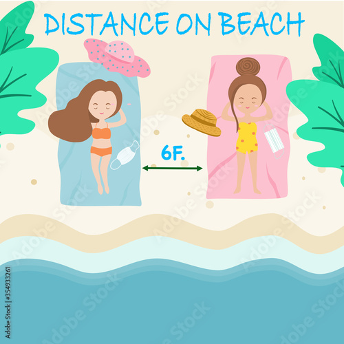 New normal after lockdown people go travel to the beach for relax they keep social distancing and wearing mask for safe from coronavirus.vector illustration 