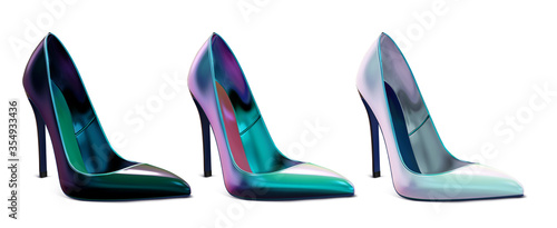 Set of women's multicolor shoes. Patent leather glossy shoes. Vector 3d realistic illustration isolated on white background.