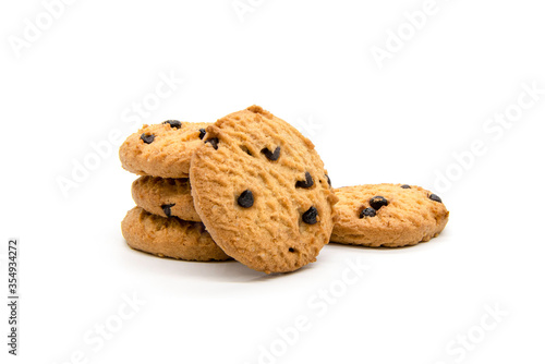 Cookies with chocolate chip on white background.