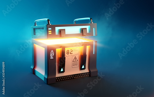 Fantasy Futuristic mystery loot box case opening up to reveal its surprise contents. 3D illustration. photo