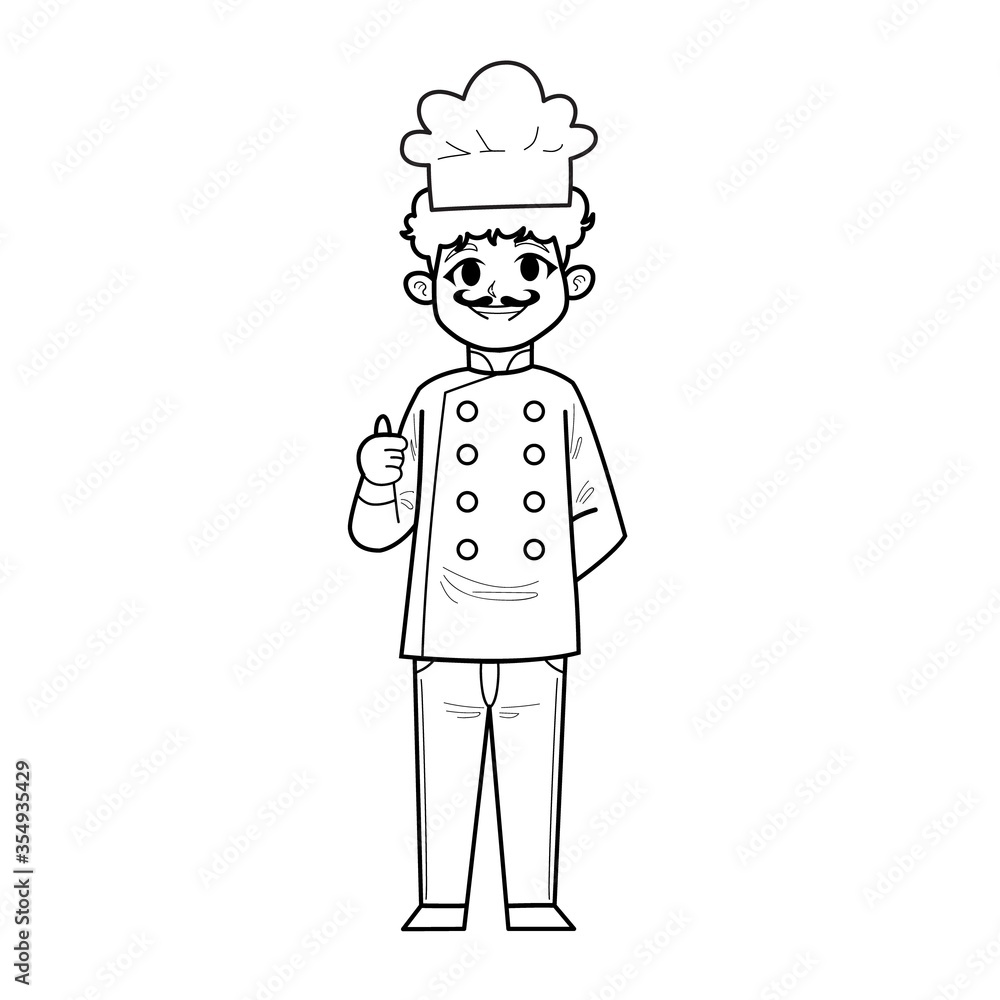 Cute Hand Drawn Outline or Line Drawing of Smiling and Happy Young Man Chef Wearing Uniform With Mustache. Suitable For Coloring Book, Children Book, Mascot, Character. Cartoon Illustration. Doodle. Cute Hand Drawn Outline or Line Drawing of Smiling and Happy Young Man Chef Wearing Uniform With Mustache. Suitable For Coloring Book, Children Book, Mascot, Character. Cartoon Illustration. Doodle.