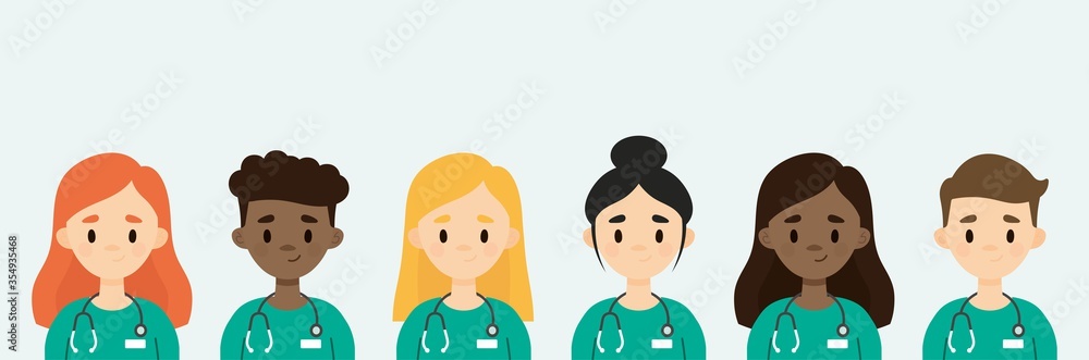 Group of doctors/nurses wearing stethoscopes. Medical team with male and female doctors. Medical staff characters. Group of doctors/nurses wearing stethoscopes. Medical team with male and female doctors. Medical staff characters.