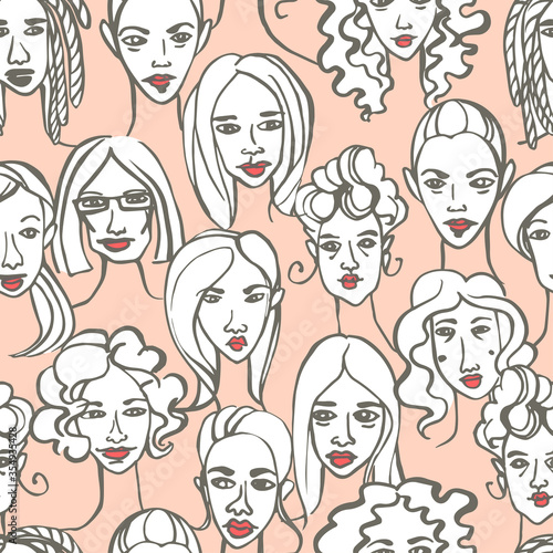 Seamless pattern of female doodle hand drawn portraits. Pink, gr