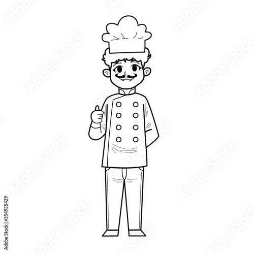 Cute Hand Drawn Outline or Line Drawing of Smiling and Happy Young Man Chef Wearing Uniform With Mustache. Suitable For Coloring Book, Children Book, Mascot, Character. Cartoon Illustration. Doodle.