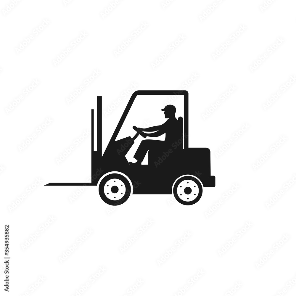 forklift with driver vector icon Illustration, black isolated on white.