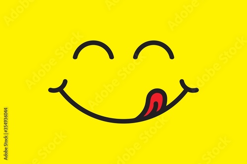 Yummy face smiley delicious with tongue lick mouth, tasty food eating emoticon face on yellow background, smile vector cartoon line style, vector icon illustration