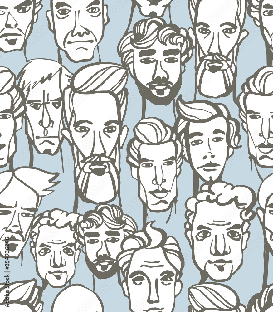 Seamless pattern of male doodle hand drawn portraits. Blue, gray Seamless pattern of male doodle hand drawn portraits. Blue, gray