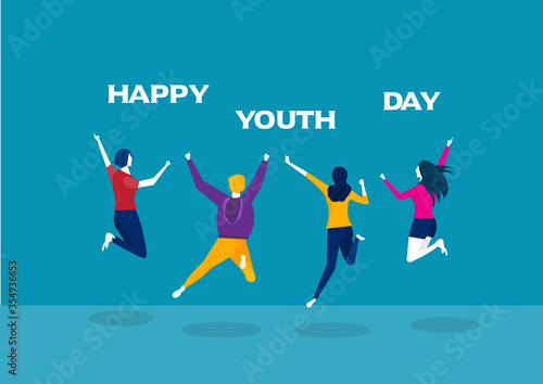 Jumping  happy people team. Vector characters illustration. Young day