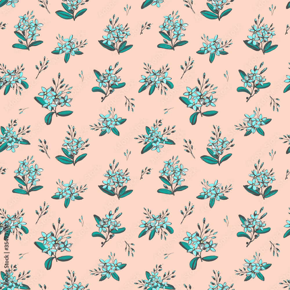 Forget-me-not blue flowers bouquets seamless hand drawn pattern