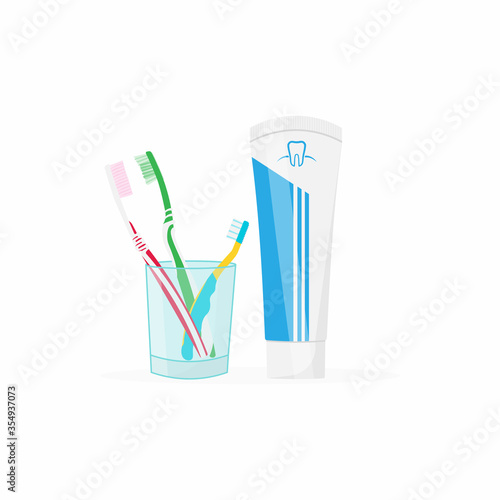 Pair of toothbrushes in a glass with tube of toothpaste isolated on background. Vector illustration. Eps 10.